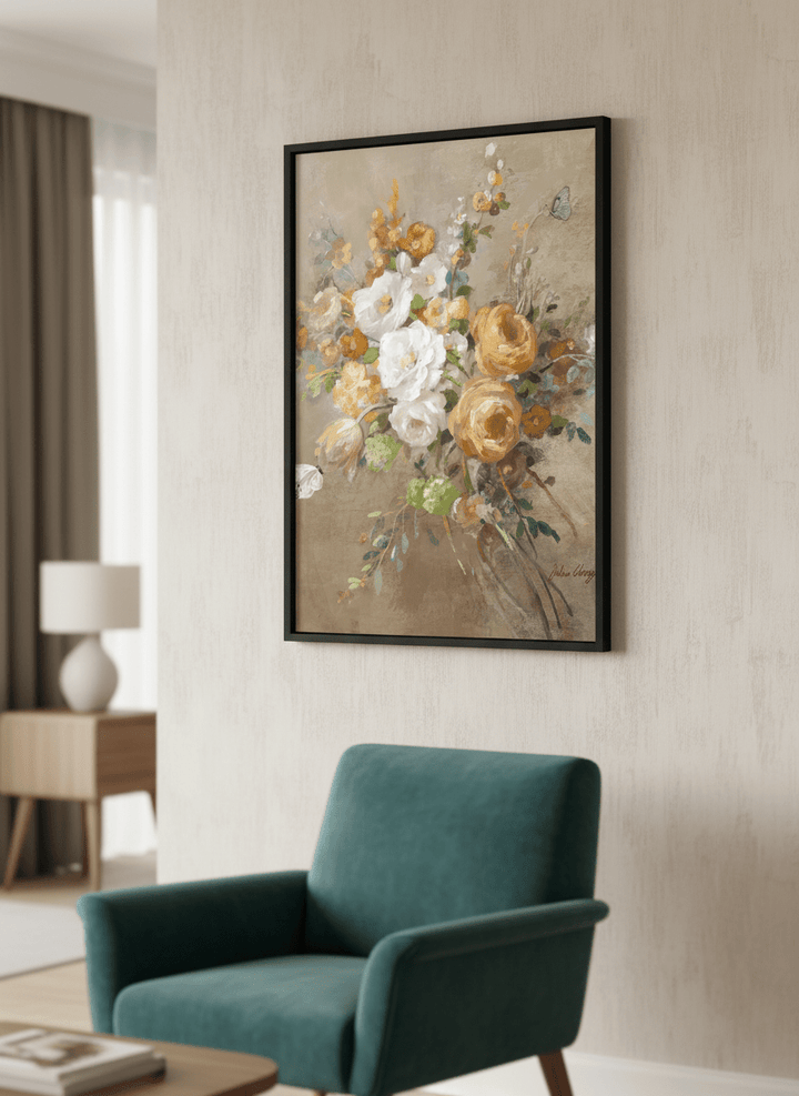 Modern wall art styled above a sofa in a neutral living room