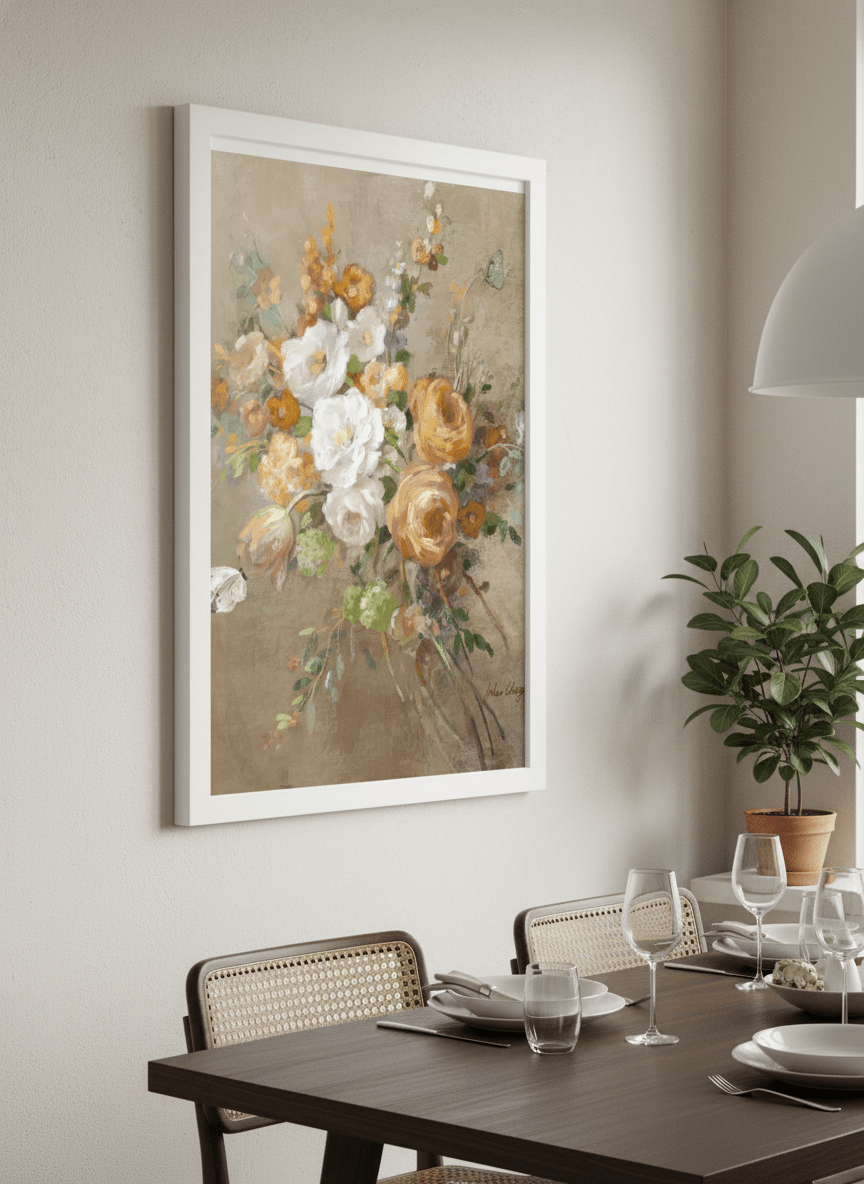 Wall art styled above a dining table in a contemporary home