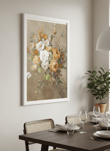 Wall art styled above a dining table in a contemporary home