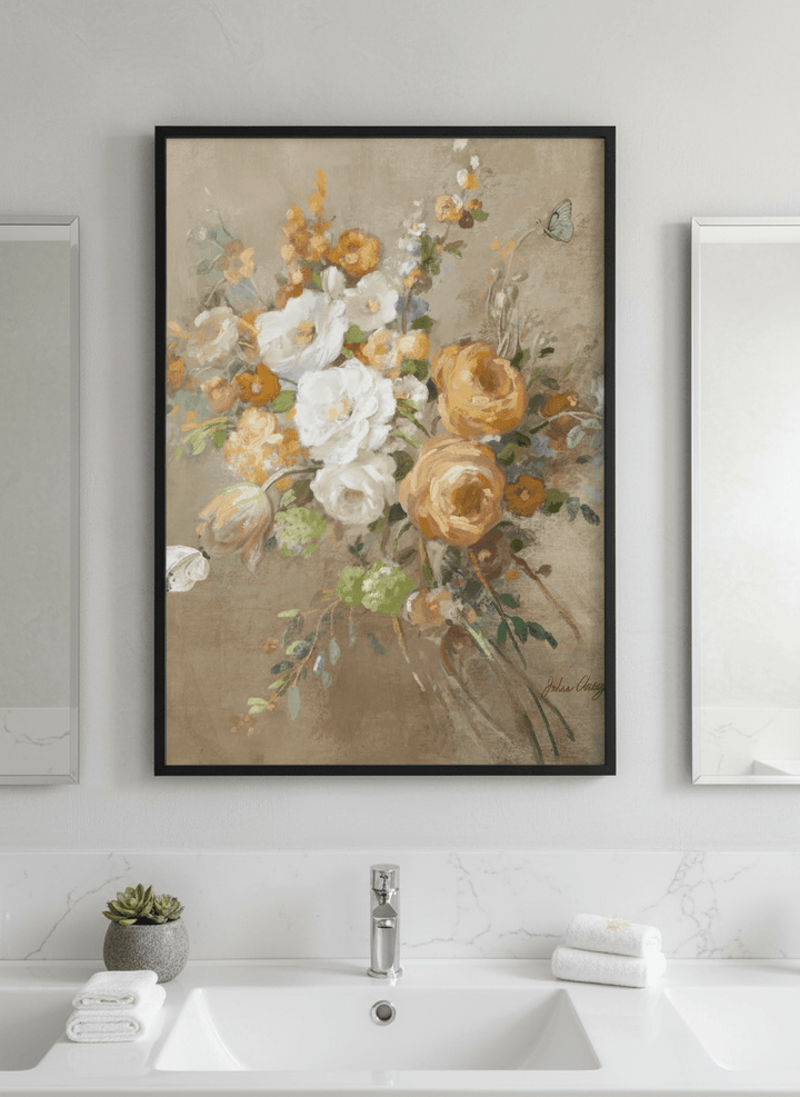 Modern print displayed in a clean minimalist bathroom setting