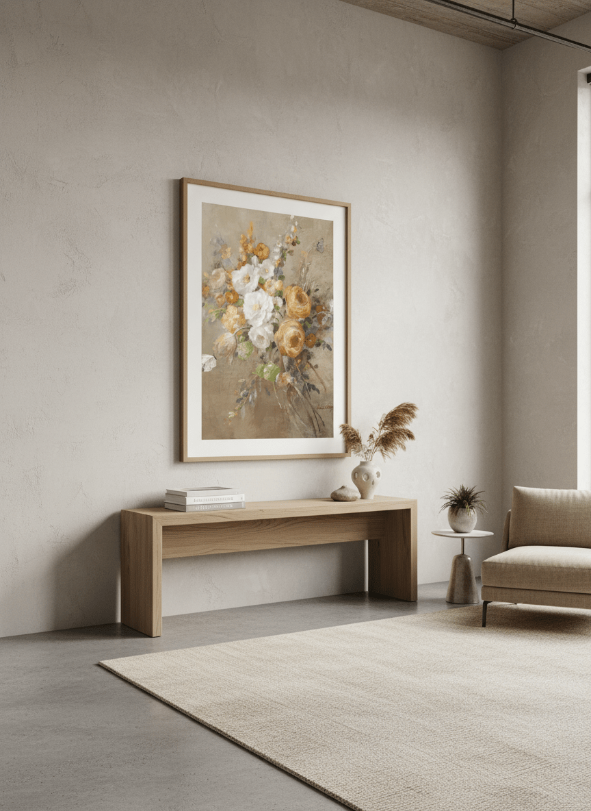 Monumental artwork centred on a feature wall in a luxe interior