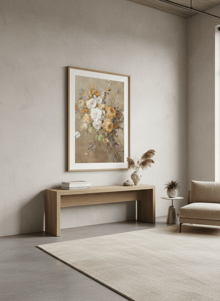 Monumental artwork centred on a feature wall in a luxe interior