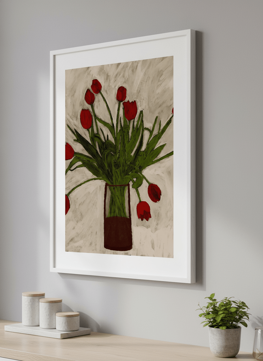 Artwork styled on the wall of a bright modern kitchen