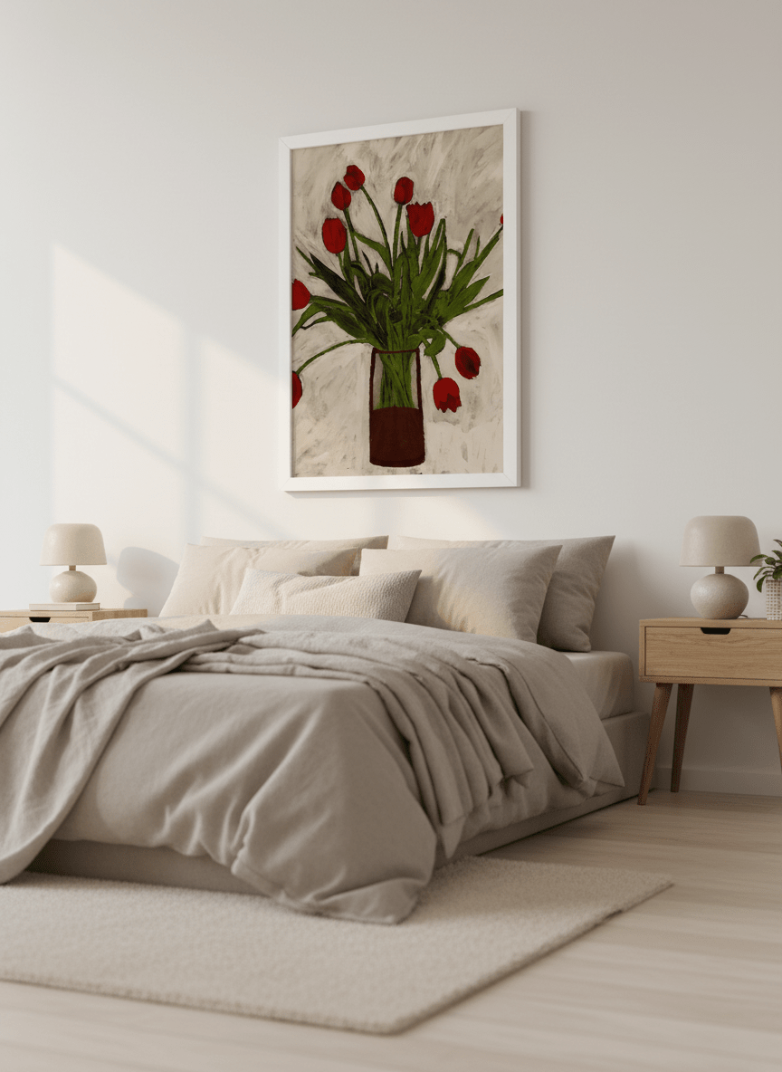 Minimalist artwork displayed in a calm, light-filled bedroom interior