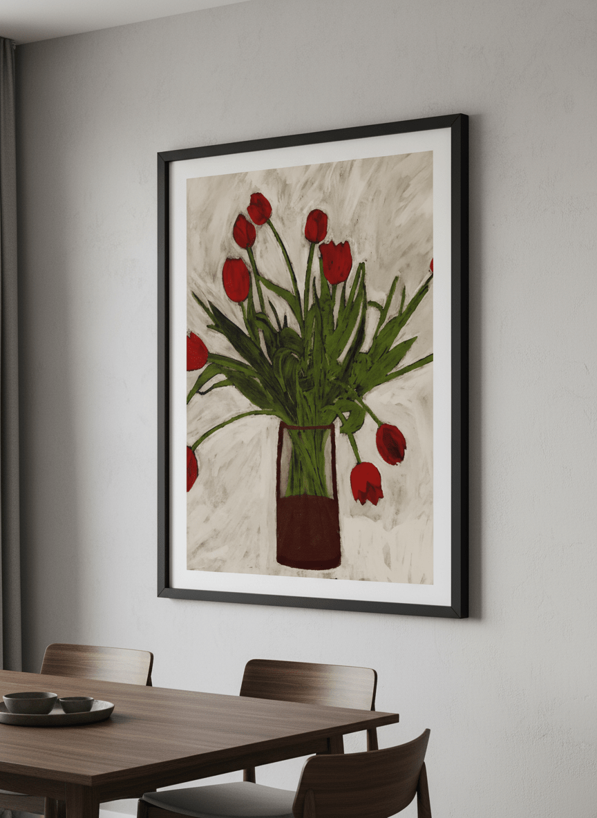 Wall art styled above a dining table in a contemporary home