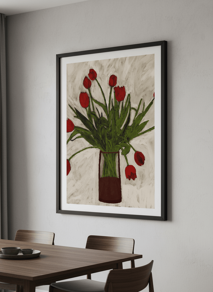 Wall art styled above a dining table in a contemporary home