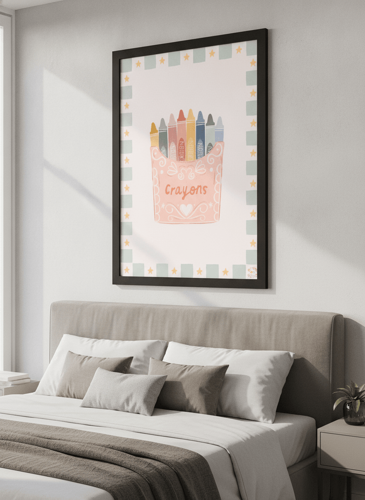 Minimalist artwork displayed in a calm, light-filled bedroom interior