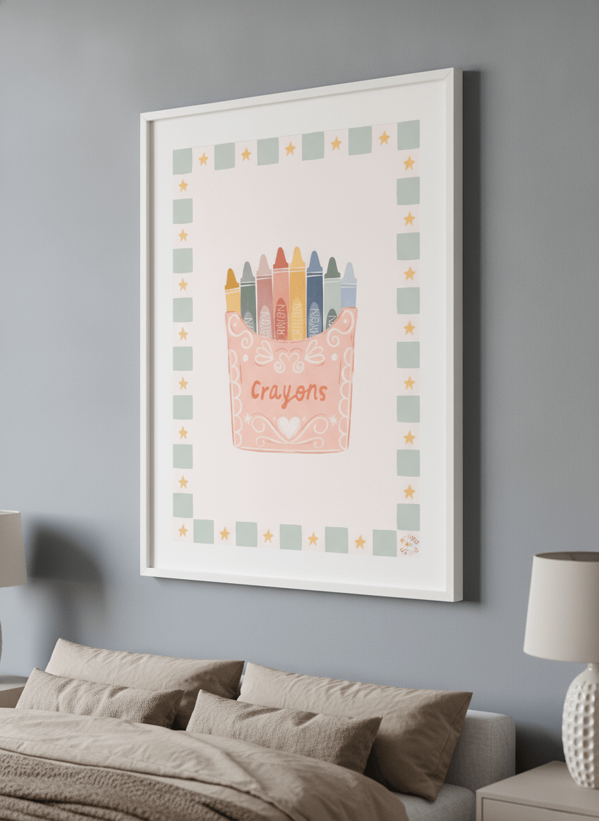 Minimalist artwork displayed in a calm, light-filled bedroom interior