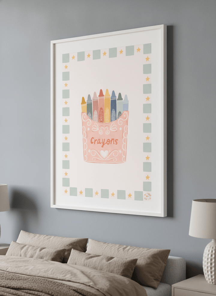 Minimalist artwork displayed in a calm, light-filled bedroom interior
