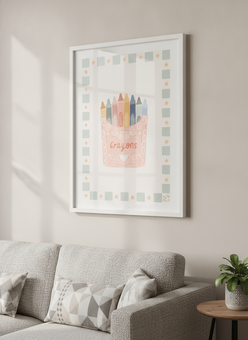 Modern wall art styled above a sofa in a neutral living room