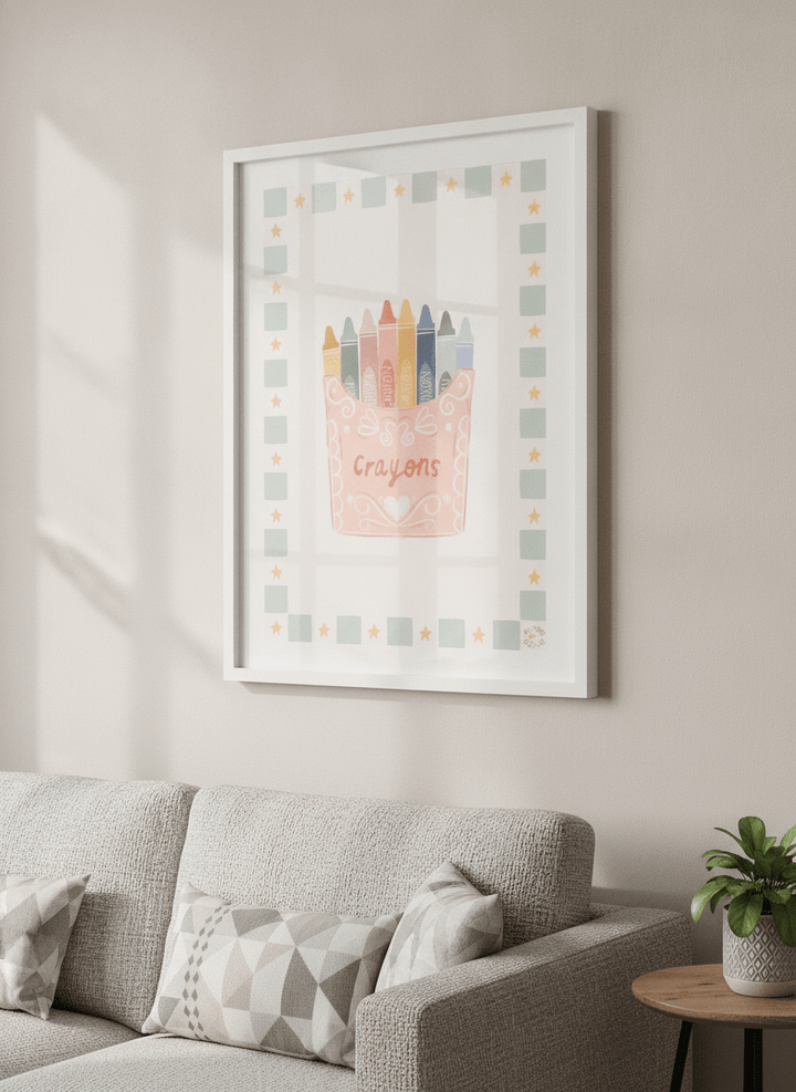 Modern wall art styled above a sofa in a neutral living room