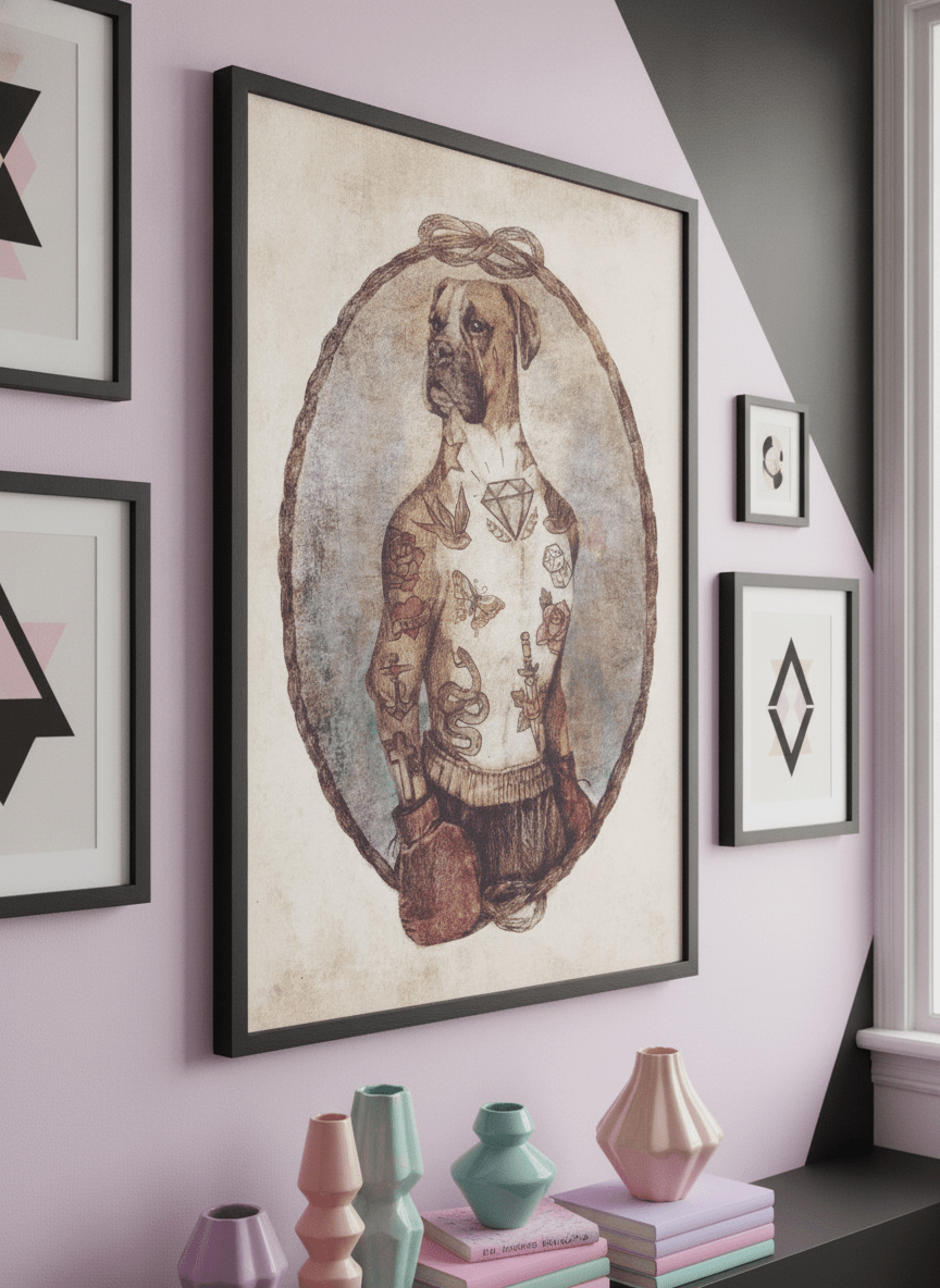 Bold wall art styled in a colourful, eclectic modern home