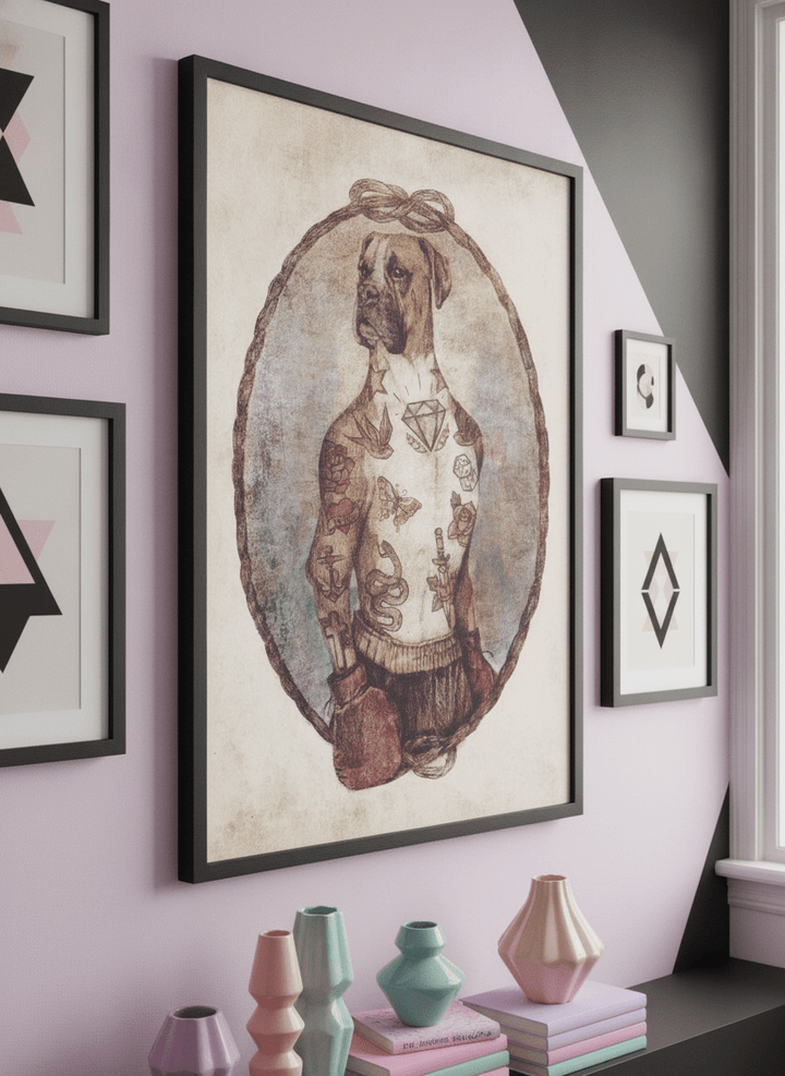 Bold wall art styled in a colourful, eclectic modern home