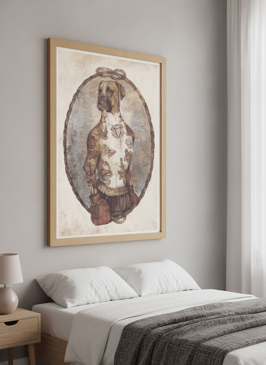 Minimalist artwork displayed in a calm, light-filled bedroom interior