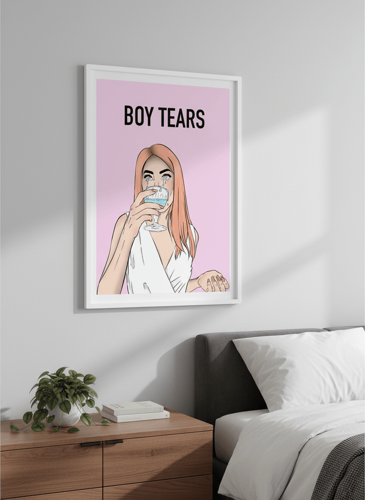 Minimalist artwork displayed in a calm, light-filled bedroom interior
