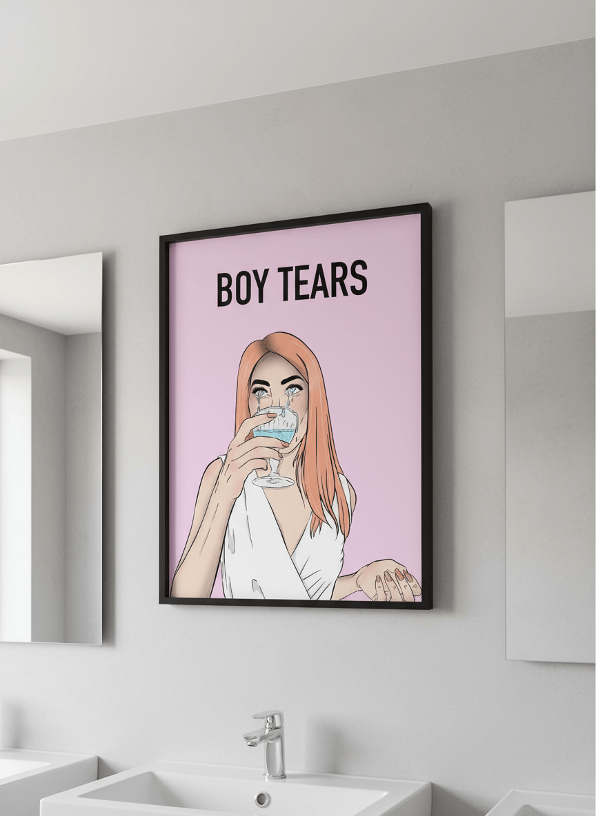 Modern print displayed in a clean minimalist bathroom setting