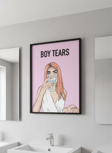 Modern print displayed in a clean minimalist bathroom setting