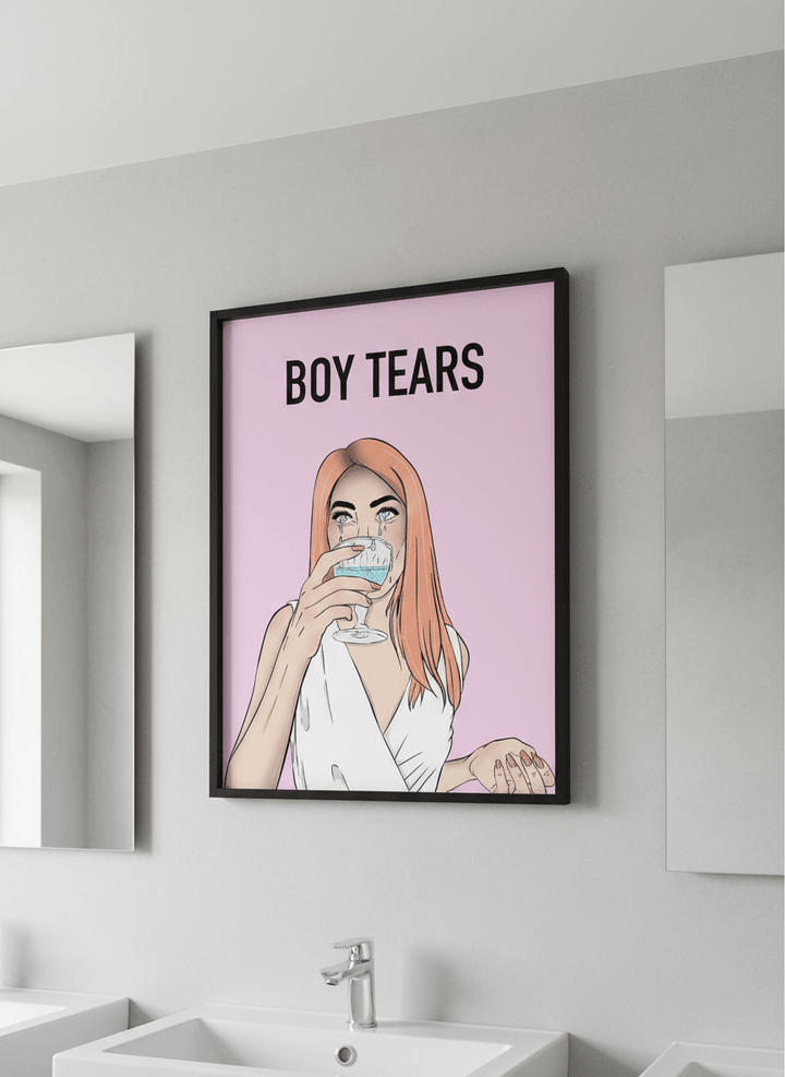 Modern print displayed in a clean minimalist bathroom setting