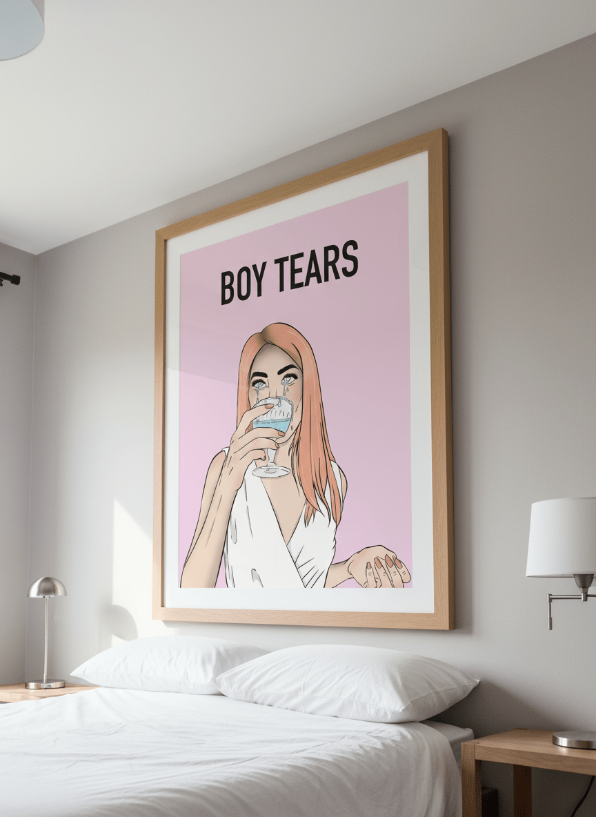 Minimalist artwork displayed in a calm, light-filled bedroom interior