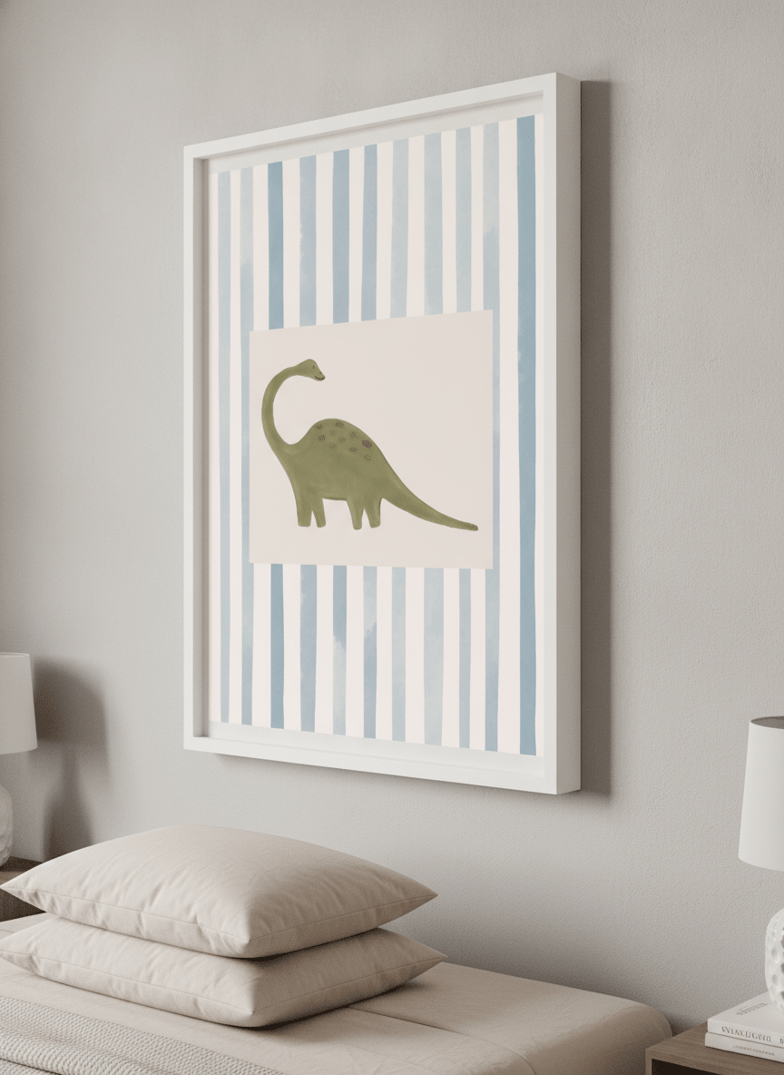 Minimalist artwork displayed in a calm, light-filled bedroom interior