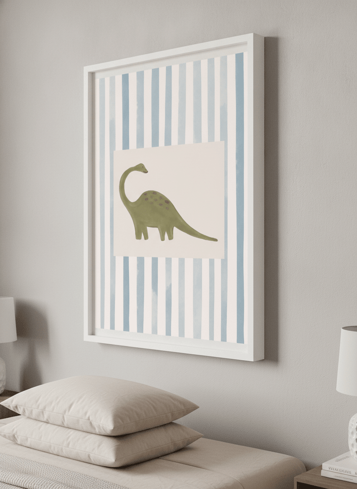 Minimalist artwork displayed in a calm, light-filled bedroom interior