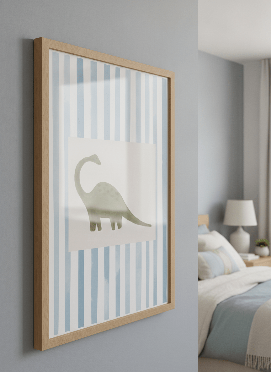 Minimalist artwork displayed in a calm, light-filled bedroom interior