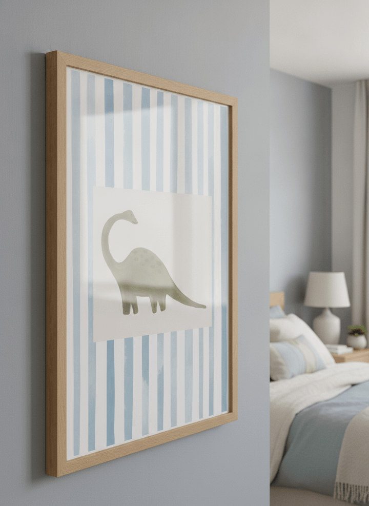 Minimalist artwork displayed in a calm, light-filled bedroom interior