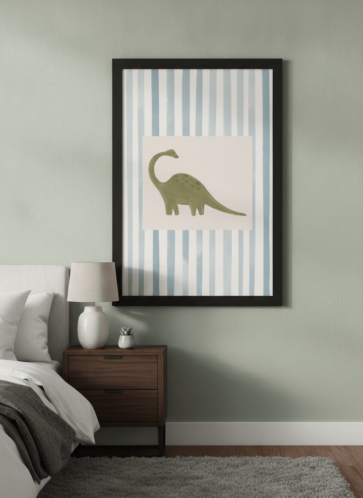 Minimalist artwork displayed in a calm, light-filled bedroom interior