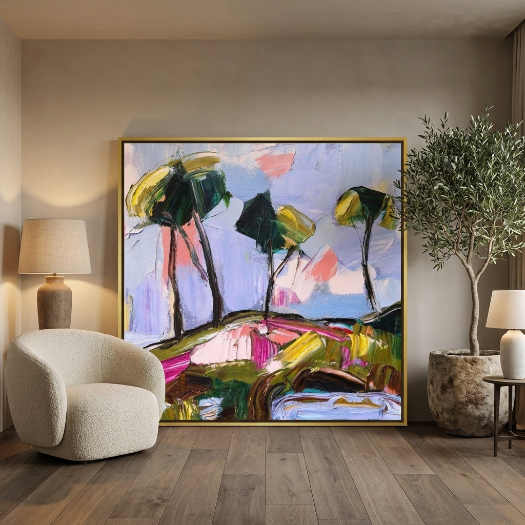 Oversized statement canvas wall art with a gold leaf surround leaning against the wall in a luxe bedroom