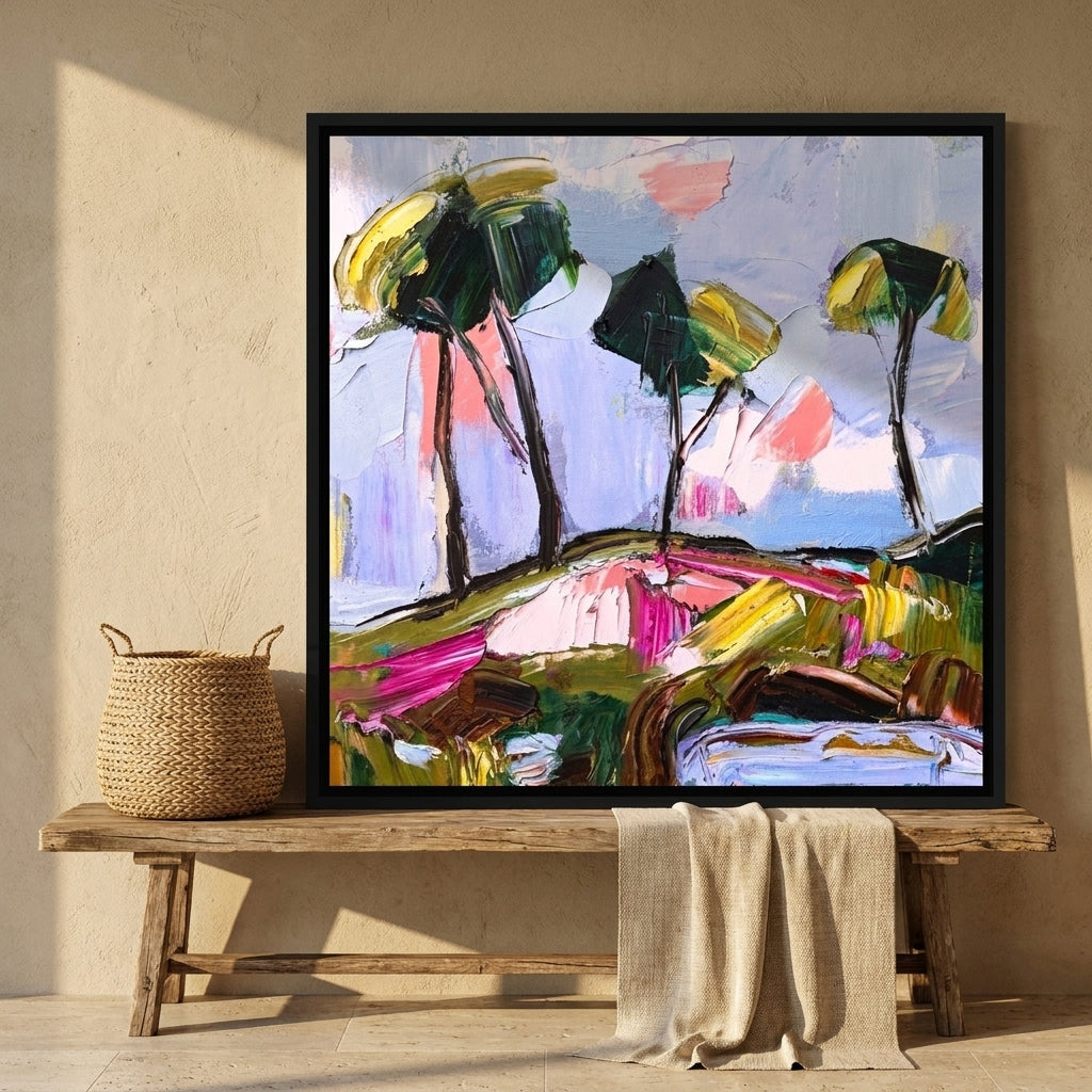 Canvas wall art with a black surround standing on a bench in a Mediterranean bedroom