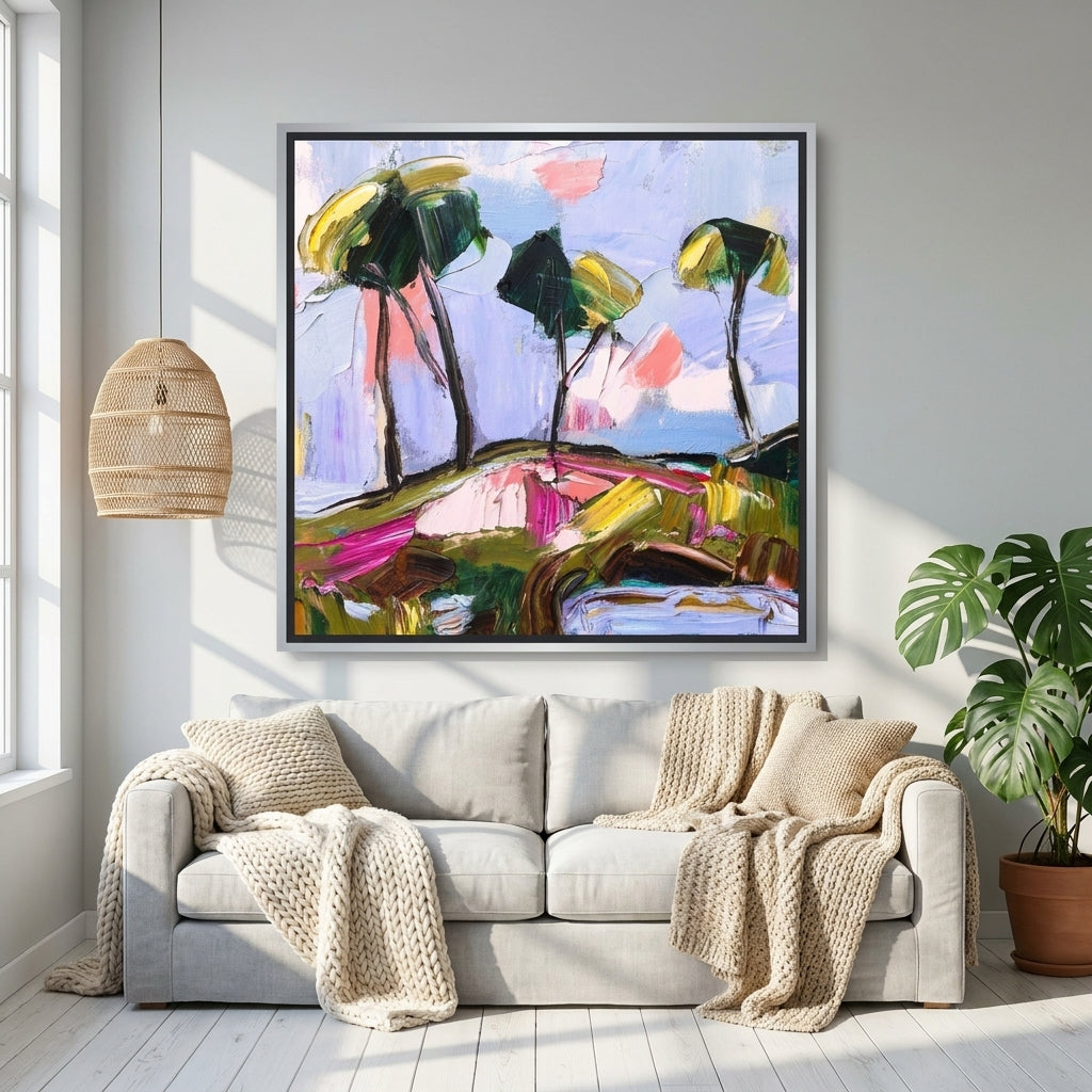 Canvas wall art with a silver leaf surround styled on the wall in a bright Scandinavian living room