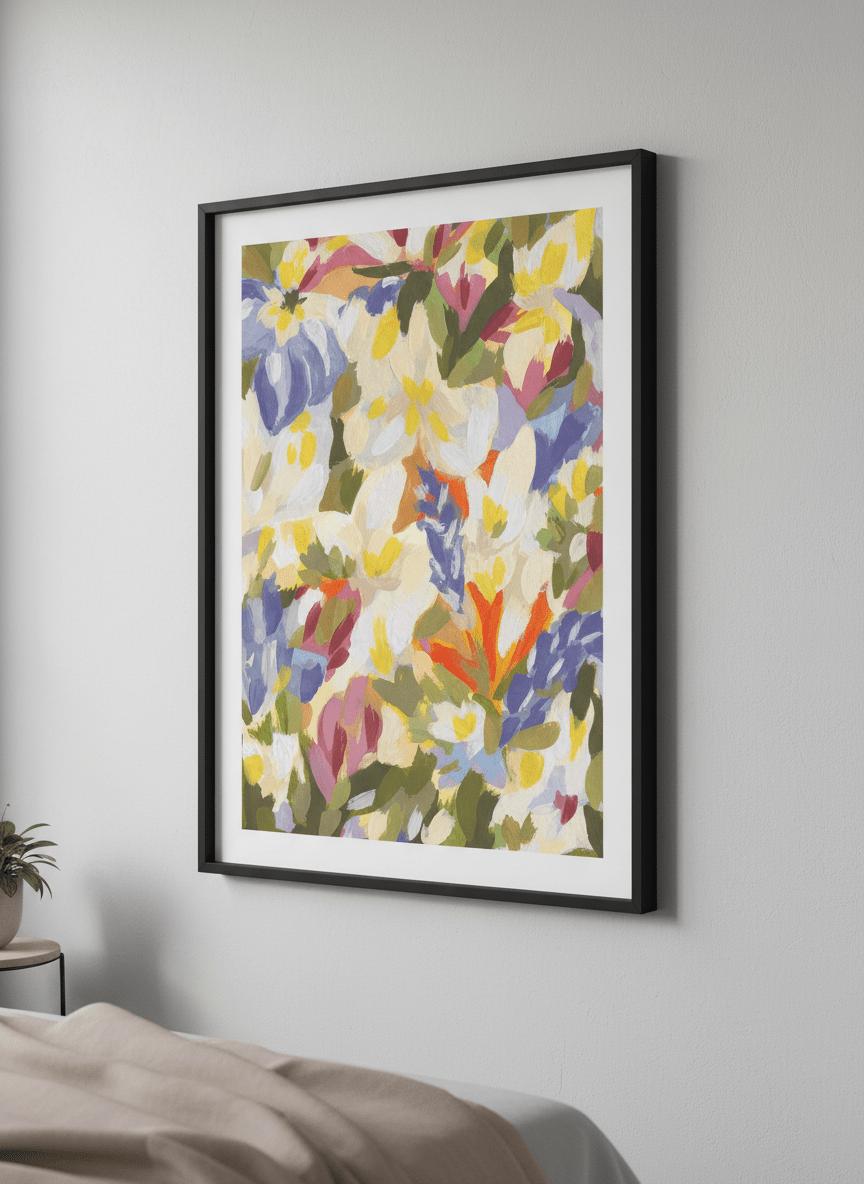 Minimalist artwork displayed in a calm, light-filled bedroom interior