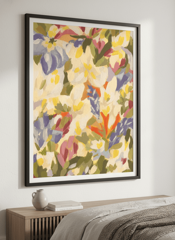 Minimalist artwork displayed in a calm, light-filled bedroom interior