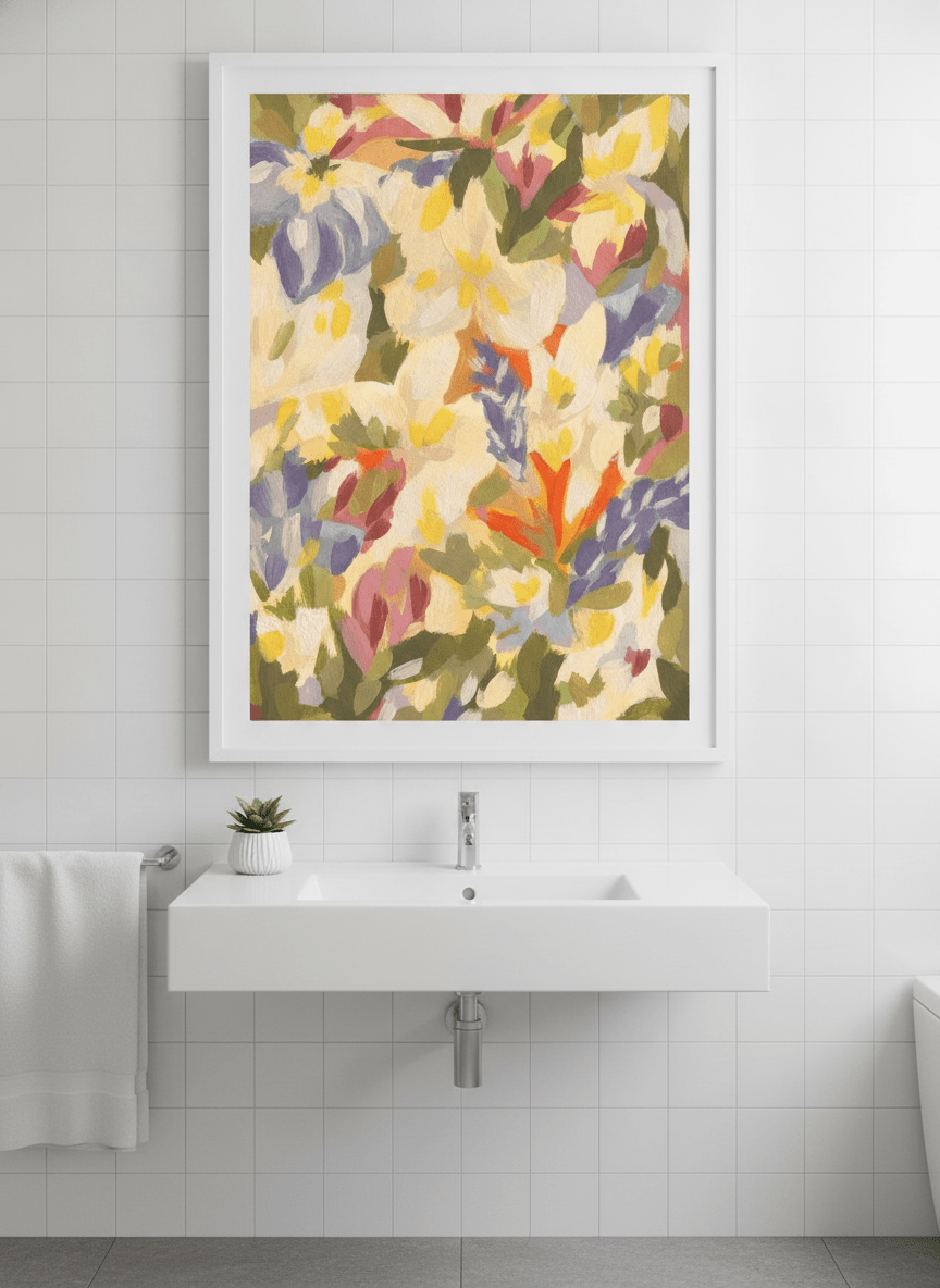 Modern print displayed in a clean minimalist bathroom setting