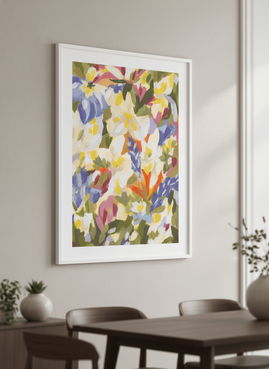 Wall art styled above a dining table in a contemporary home