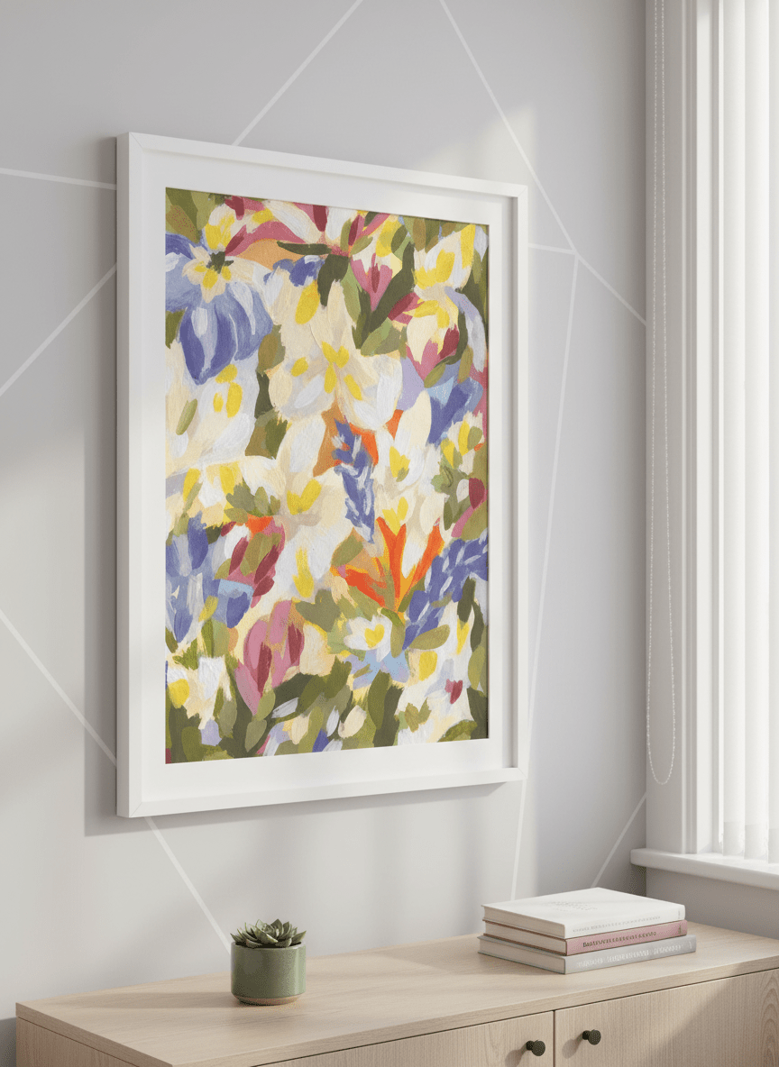 Contemporary wall art featured in a bright modern office workspace