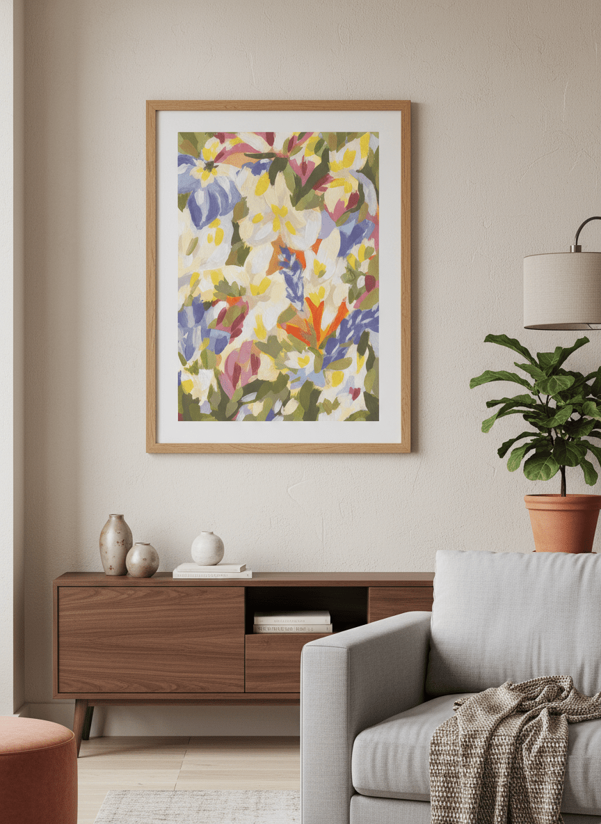 Modern wall art styled above a sofa in a neutral living room