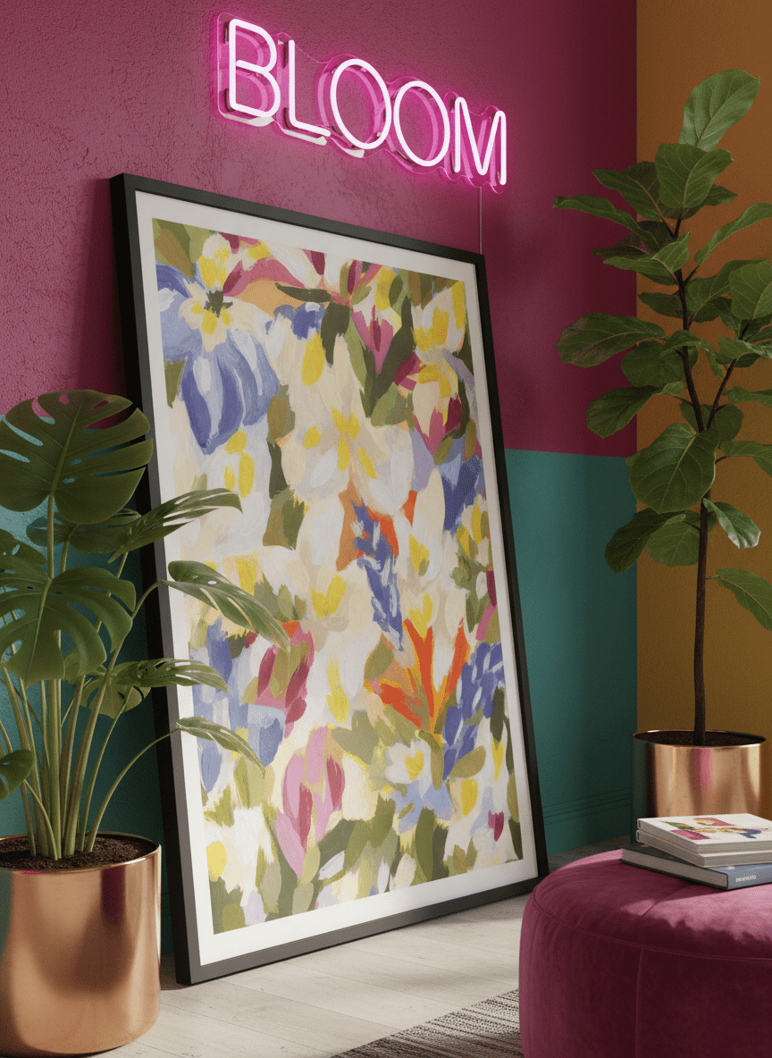 Bold wall art styled in a colourful, eclectic modern home