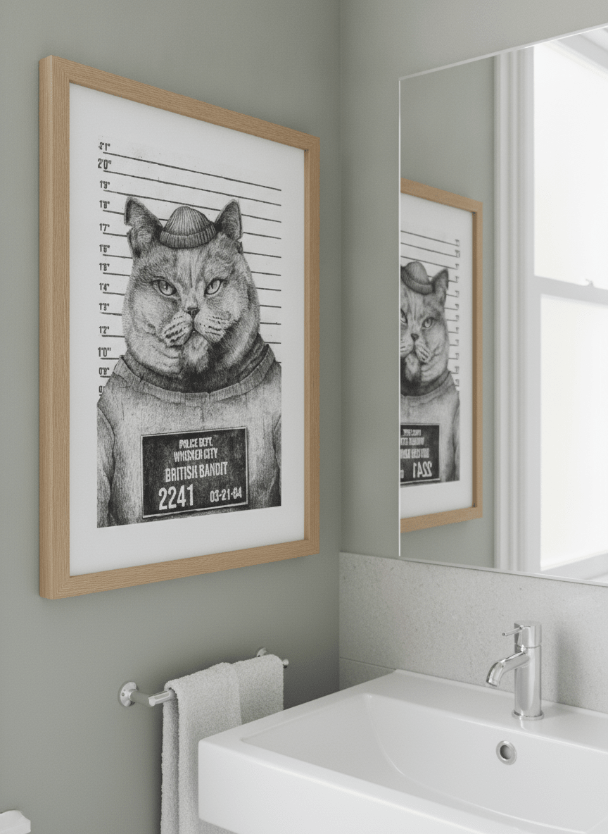 Modern print displayed in a clean minimalist bathroom setting