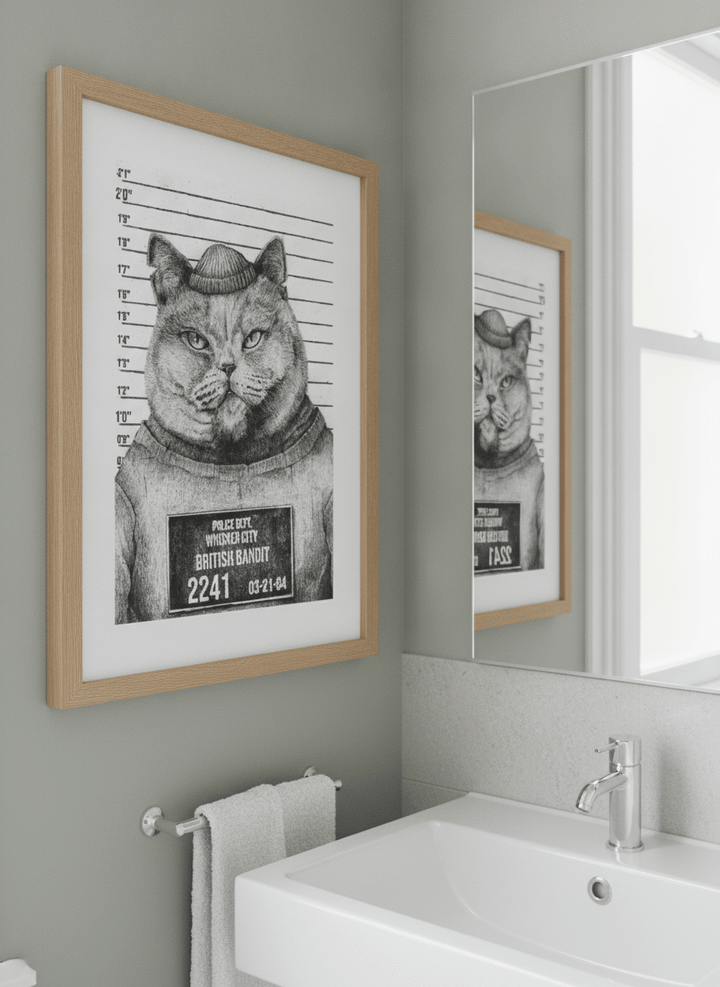 Modern print displayed in a clean minimalist bathroom setting