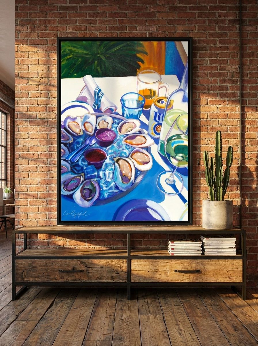 Oversized statement canvas wall art with a black surround styled on the wall in an industrial loft living room