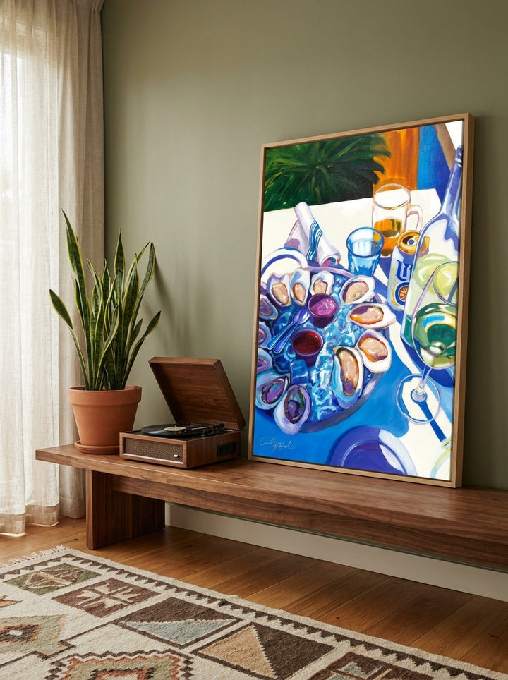 Canvas wall art with a natural timber surround standing on a kitchen bench in a mid-century kitchen