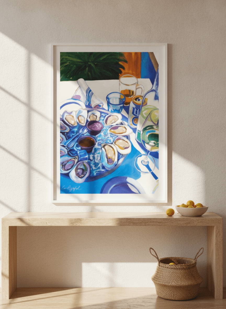 Oversized statement modern wall art print styled on the wall in a Mediterranean living room