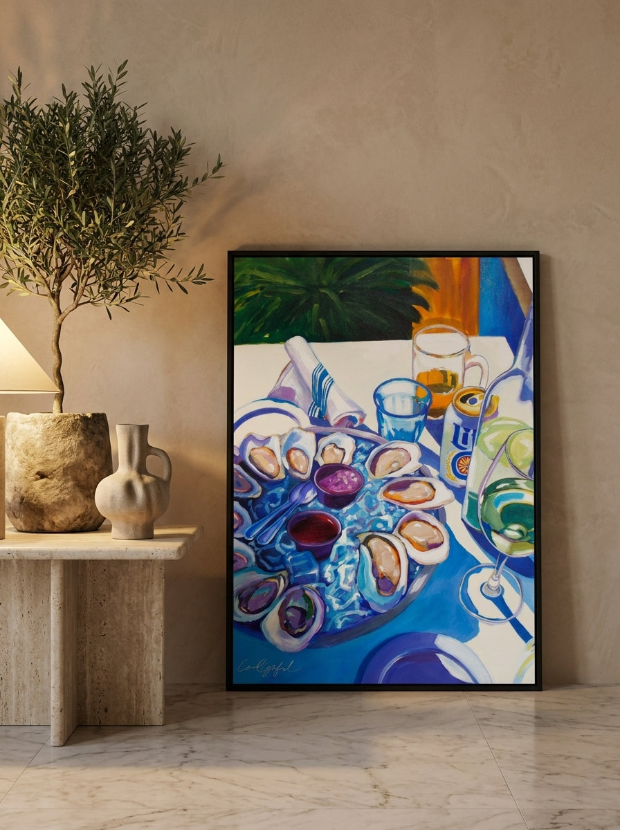 Modern wall art print leaning against the wall in a luxe kitchen