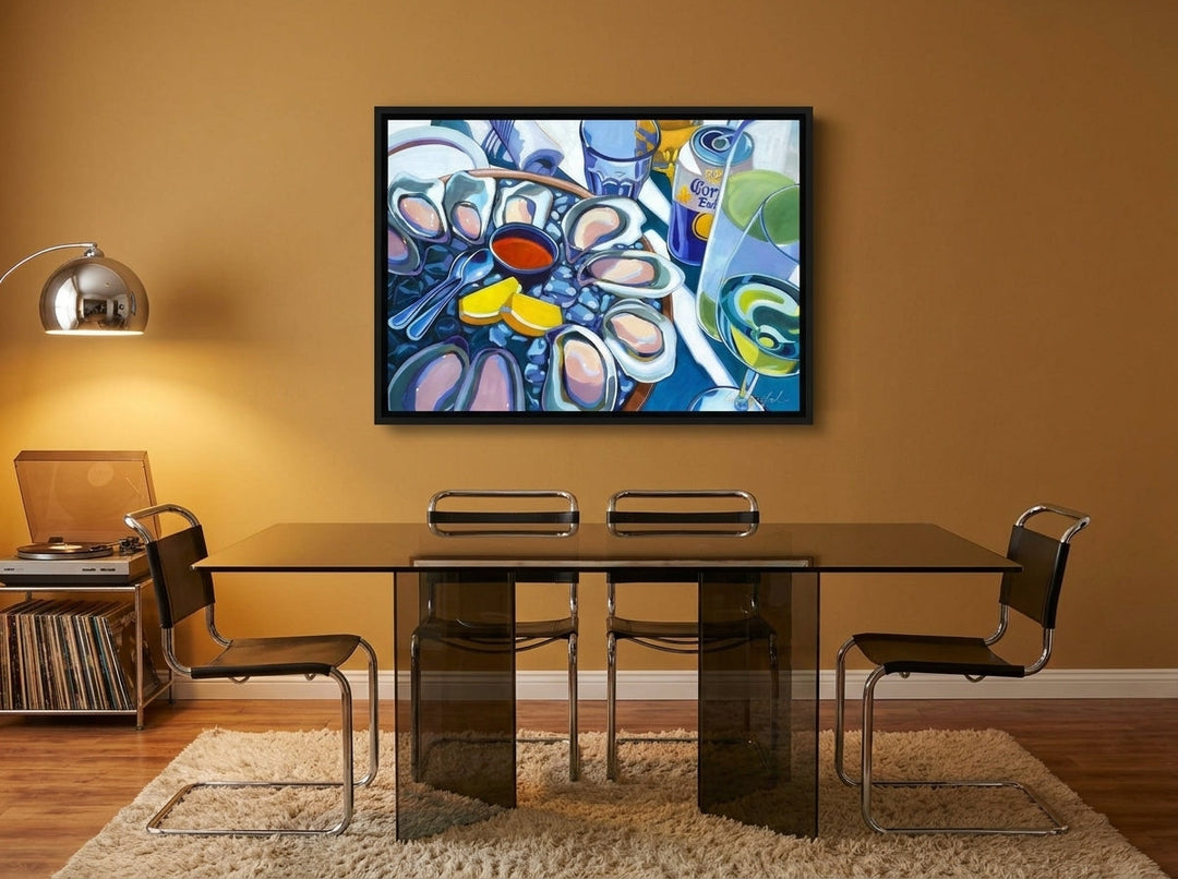 Canvas wall art with a black surround styled on the wall in a retro 70s dining room