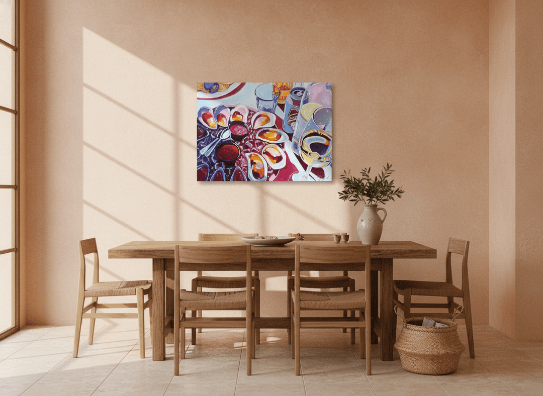 Stretched canvas wall art styled on the wall in a Mediterranean dining room