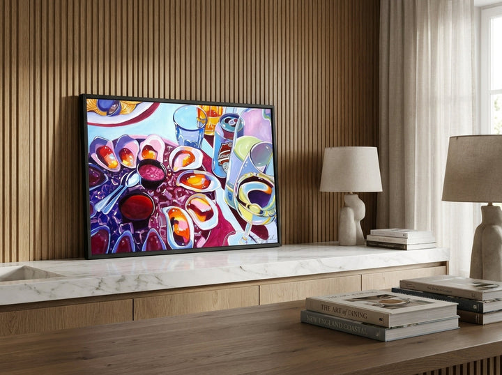 Modern wall art print standing on a kitchen bench in a luxe kitchen