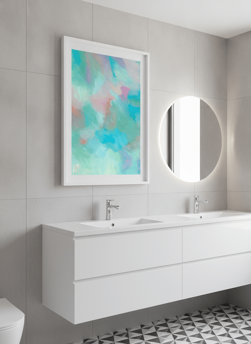 Modern print displayed in a clean minimalist bathroom setting