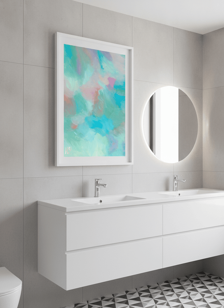 Modern print displayed in a clean minimalist bathroom setting