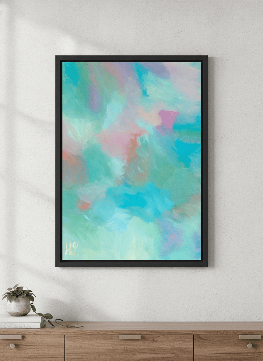 Minimalist artwork displayed in a calm, light-filled bedroom interior